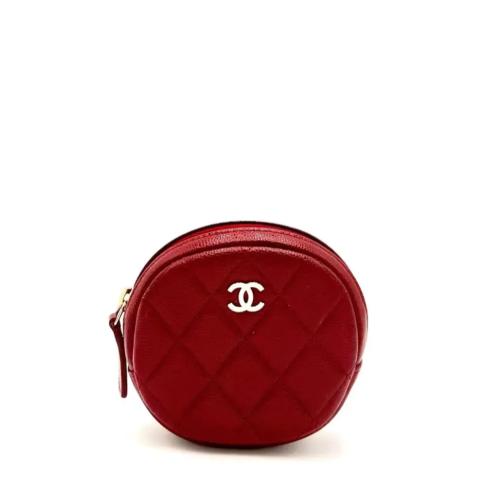 Round Quilted Caviar Leather Coin Purse